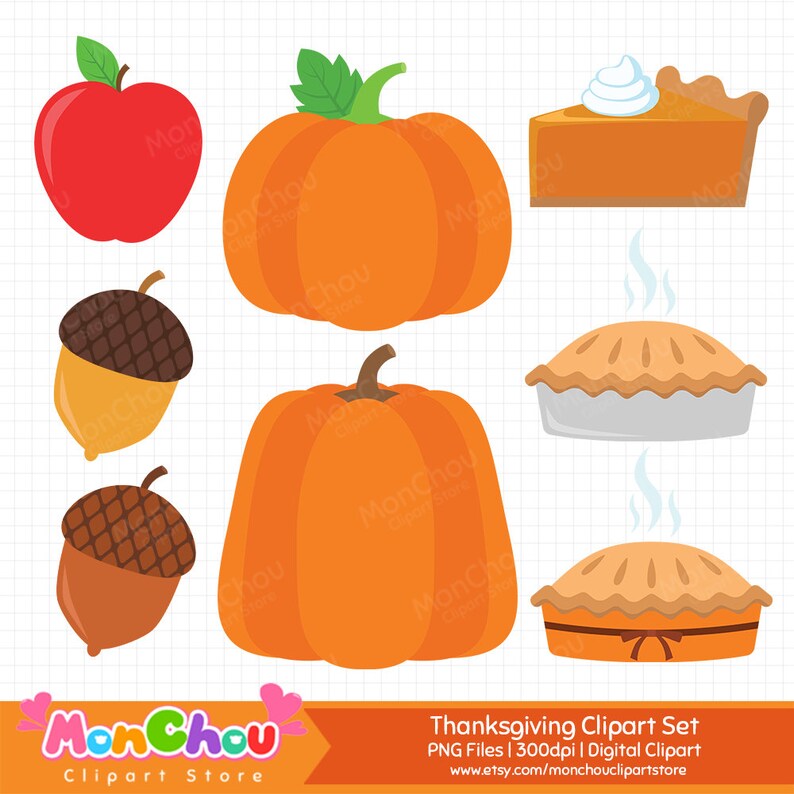 K&ouml;nnte beinhalten: Digitales Thanksgiving-Clipart-Set mit einem roten Apfel, orangefarbenen K&uuml;rbissen, Eicheln und St&uuml;cken K&uuml;rbiskuchen mit Schlagsahne. Das Set enth&auml;lt verschiedene herbstliche Illustrationen, ideal f&uuml;r digitale Bastelarbeiten und Designs.