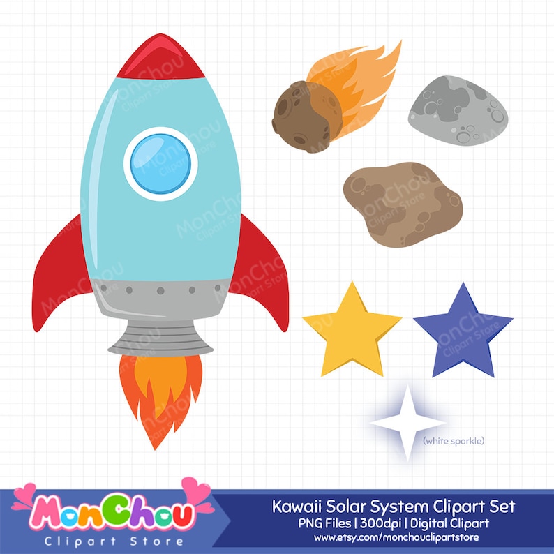 May include: A collection of cartoon space-themed clip art. Includes a light blue rocket with red fins, a comet, asteroids, and yellow, blue, and white stars. The text "Kawaii Solar System Clipart Set" is at the bottom.