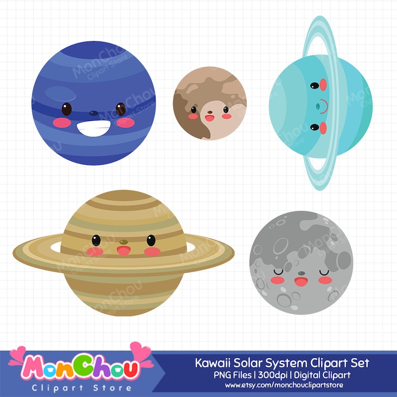 May include: A set of five kawaii-style solar system planets. The planets include a blue planet with stripes, a brown planet, a light blue planet with rings, a tan planet with rings, and a gray planet with craters.