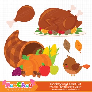 K&ouml;nnte beinhalten: Digitales Thanksgiving-Clip-Art-Set mit gebratener Pute, H&auml;hnchenkeule, F&uuml;llhorn mit Obst und Gem&uuml;se und einem niedlichen Vogel. Enth&auml;lt K&uuml;rbisse, &Auml;pfel, Trauben und Bl&auml;tter. Text: "Thanksgiving Clipart Set" und Etsy-Shop-URL.