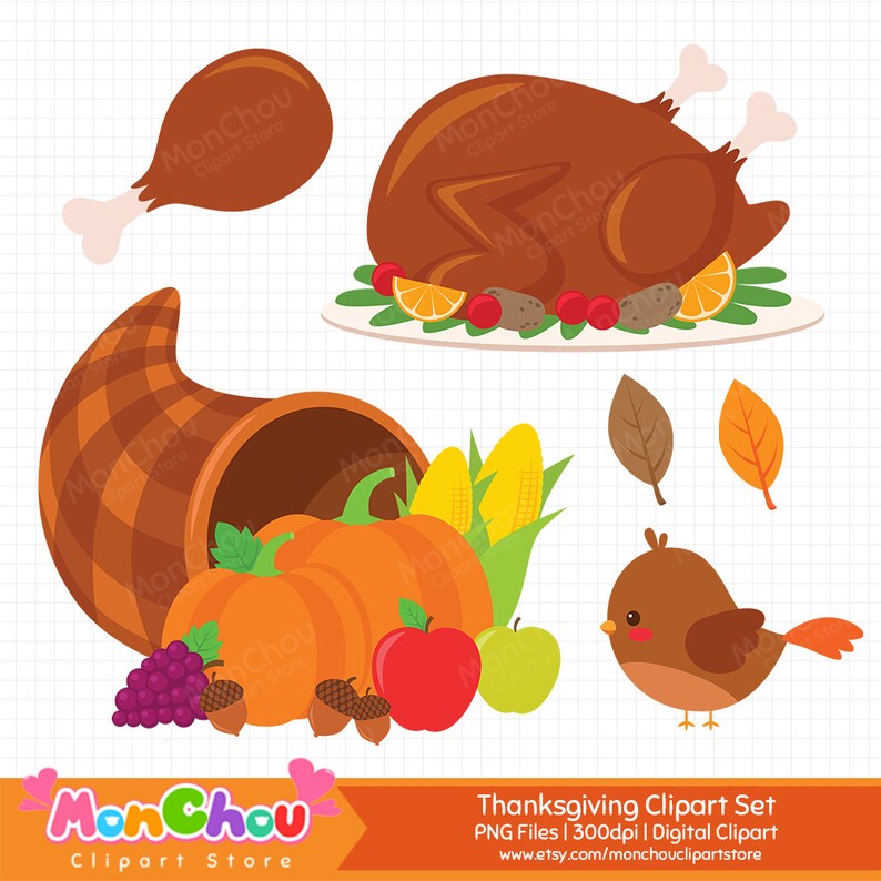 K&ouml;nnte beinhalten: Digitales Thanksgiving-Clip-Art-Set mit gebratener Pute, H&auml;hnchenkeule, F&uuml;llhorn mit Obst und Gem&uuml;se und einem niedlichen Vogel. Enth&auml;lt K&uuml;rbisse, &Auml;pfel, Trauben und Bl&auml;tter. Text: "Thanksgiving Clipart Set" und Etsy-Shop-URL.