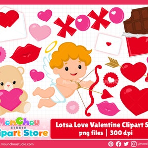 Könnte beinhalten: Eine Sammlung von Valentinstag-Clipart-Elementen. Enthält einen Teddybären mit Herz, einen Amor mit Pfeil und Bogen, Herzen, Lippen, Schokolade und den Text "Lotsa Love Valentine Clipart Set".