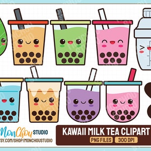 May include: Kawaii milk tea clipart set featuring various colorful bubble tea cups with cute faces, straws, and boba pearls. Includes a green leaf, a shaker, and two chocolate hearts. The text reads "KAWAII MILK TEA CLIPART SET" and "PNG FILES 300 DPI".