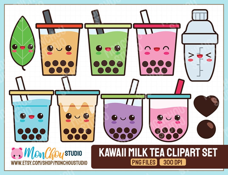 May include: Kawaii milk tea clipart set featuring various colorful bubble tea cups with cute faces, straws, and boba pearls. Includes a green leaf, a shaker, and two chocolate hearts. The text reads "KAWAII MILK TEA CLIPART SET" and "PNG FILES 300 DPI".