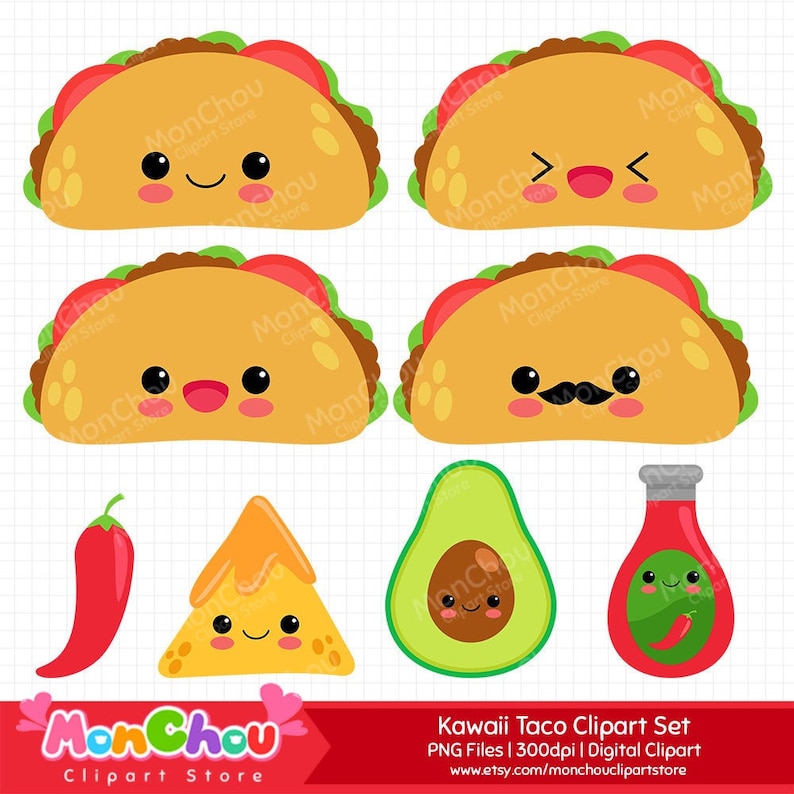 May include: A set of digital clipart featuring kawaii taco illustrations. The set includes four different taco designs with various facial expressions, a nacho, an avocado, and a bottle of hot sauce. All the illustrations are in a cartoon style with bright colors.