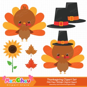 K&ouml;nnte beinhalten: Thanksgiving-Themen-Cliparts mit Zeichentrick-Truth&auml;hnen, Pilgerh&uuml;ten, einer Sonnenblume und Herbstbl&auml;ttern. Die Truth&auml;hne haben braune K&ouml;rper und bunte Schwanzfedern. Die H&uuml;te sind schwarz mit orangefarbenen oder roten B&auml;ndern. Der Text "Thanksgiving Clipart Set".