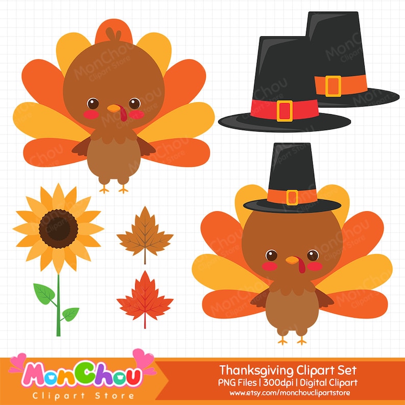 K&ouml;nnte beinhalten: Thanksgiving-Themen-Cliparts mit Zeichentrick-Truth&auml;hnen, Pilgerh&uuml;ten, einer Sonnenblume und Herbstbl&auml;ttern. Die Truth&auml;hne haben braune K&ouml;rper und bunte Schwanzfedern. Die H&uuml;te sind schwarz mit orangefarbenen oder roten B&auml;ndern. Der Text "Thanksgiving Clipart Set".