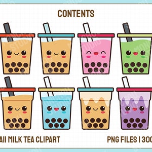 May include: Kawaii milk tea clipart featuring eight colorful bubble tea cups with smiling faces. Each cup has a different colored lid and drink, including orange, pink, green, and purple. The text "CONTENTS", "KAWAII MILK TEA CLIPART", and "PNG FILES I 300 DPI" are visible.