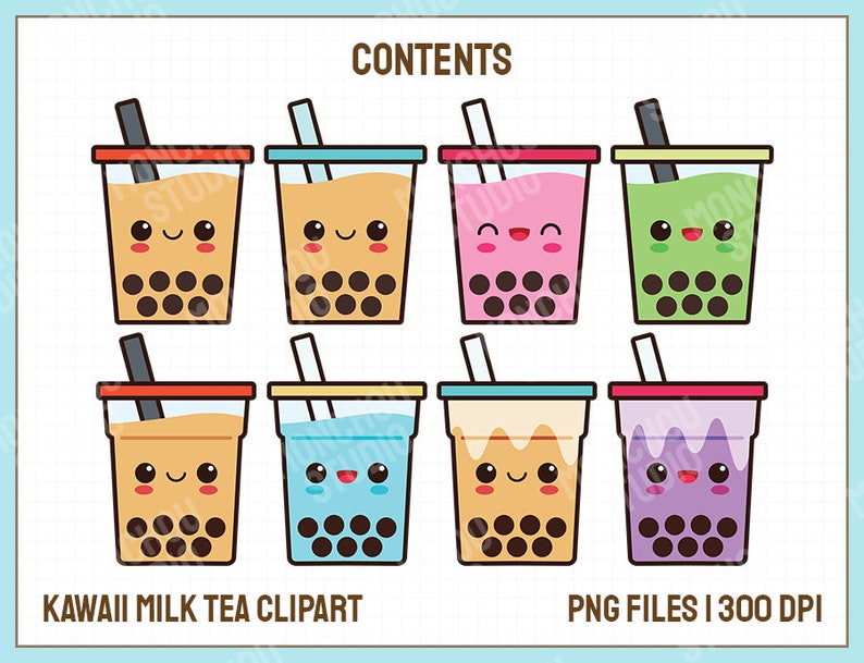 May include: Kawaii milk tea clipart featuring eight colorful bubble tea cups with smiling faces. Each cup has a different colored lid and drink, including orange, pink, green, and purple. The text "CONTENTS", "KAWAII MILK TEA CLIPART", and "PNG FILES I 300 DPI" are visible.
