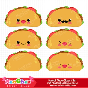 May include: Set of six digital clipart images of kawaii tacos with different facial expressions. The tacos are yellow with brown filling and red and green toppings. The images are 300 dpi and are available for digital download.