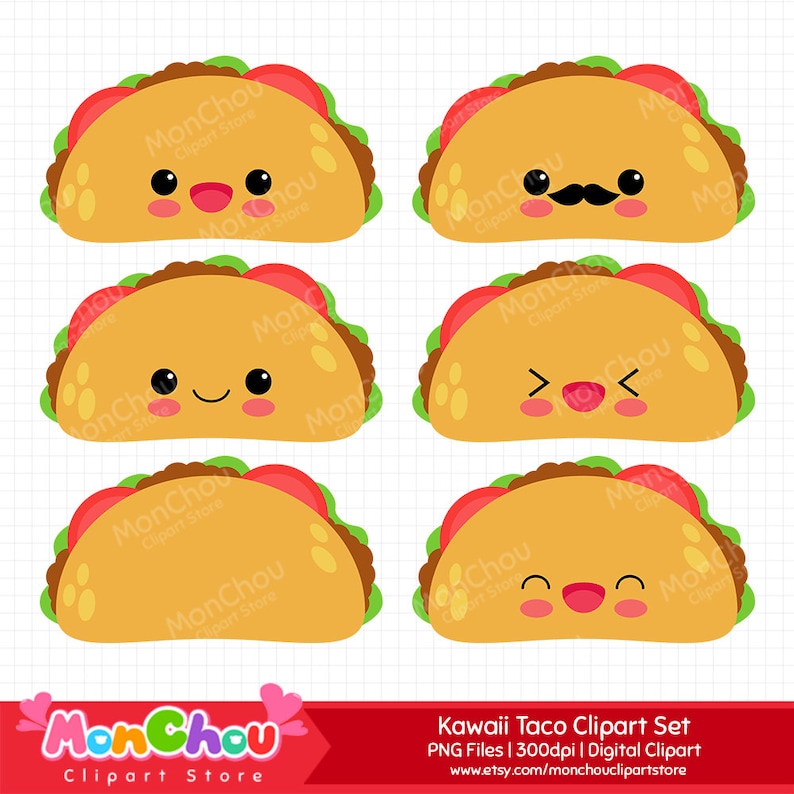 May include: Set of six digital clipart images of kawaii tacos with different facial expressions. The tacos are yellow with brown filling and red and green toppings. The images are 300 dpi and are available for digital download.
