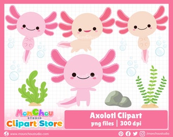 May include: A collection of cartoon axolotl clipart in shades of pink and beige, with green seaweed and gray rocks. The image includes the text "Axolotl Clipart png files | 300 dpi" and the "MonChou Studio Clipart Store" logo.
