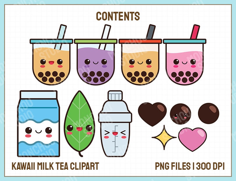 May include: Kawaii milk tea clipart featuring four different colored boba teas with smiling faces, a carton of milk, a green leaf, a shaker, and various heart and star shapes. The text "CONTENTS", "KAWAII MILK TEA CLIPART", and "PNG FILES I 300 DPI" are also included.
