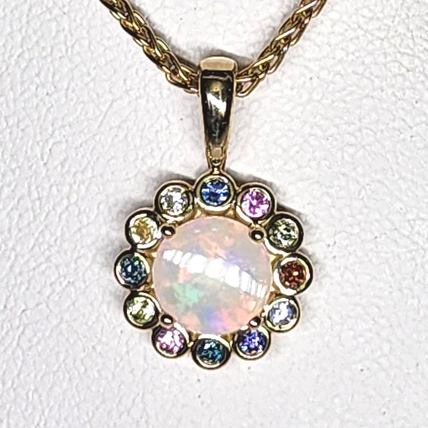 High Quality Natural Opal Pendant with Multi Gem Halo, in solid 14kt Yellow Gold with Lobster clasp!