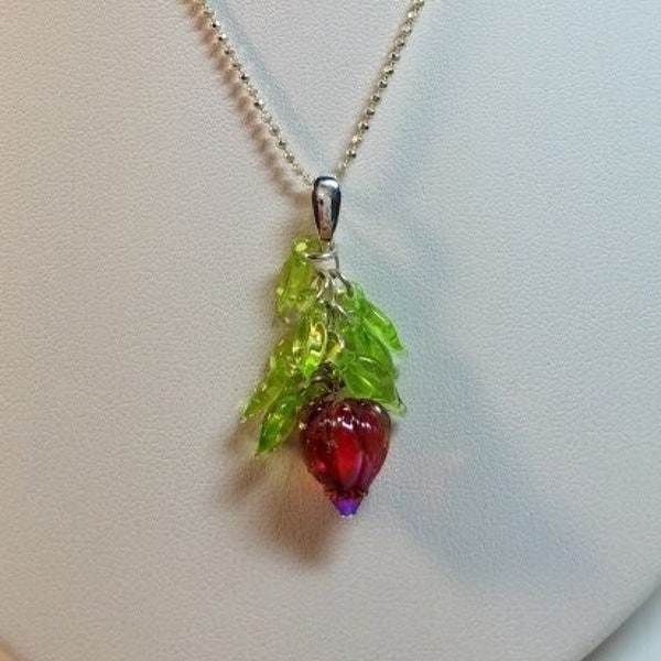 Lampwork Pendant with Red Rose and Brilliant Green Leaves in Solid Sterling Silver from the Garden Collection!