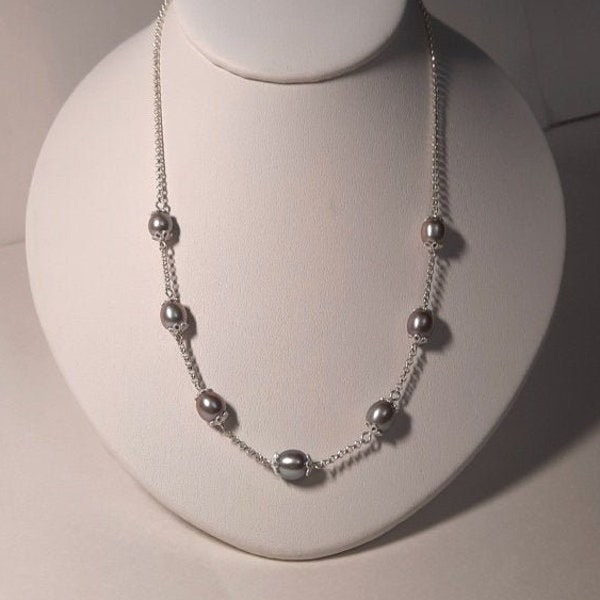 Gorgeous "Tin Cup" Pearl Necklace with 7 Silver Gray Pastel Pearl Stations on Sterling Rolo Chain!