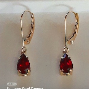 Beautiful Pear-Shaped Genuine Garnet Earrings in 14k Yellow Gold Settings and Lever Backs