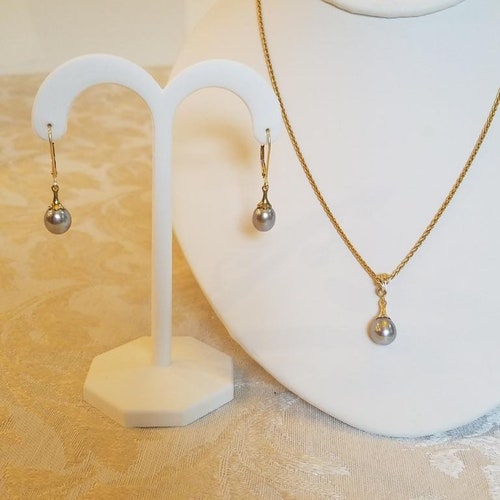 New! Lovely Silvery Teal Pearl Pendant shops with 14ky Polished 5 Petal Pearl Caps and Scroll Bail, all 14kt Solid Yellow Gold
