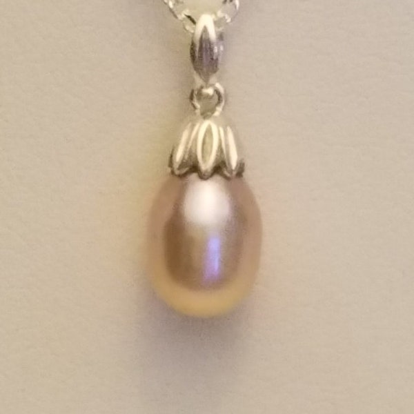 Golden Ombre Pink Pearl Pendant with Beautiful 7 Petal Pearl Cap and Bail in Sterling Silver