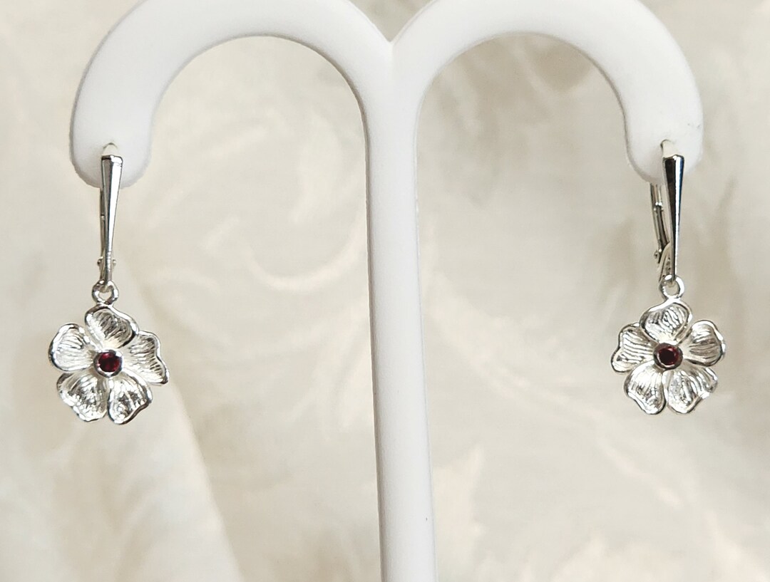 Garden Collection 5 Petal Flower Earrings With Ruby Center in Sterling