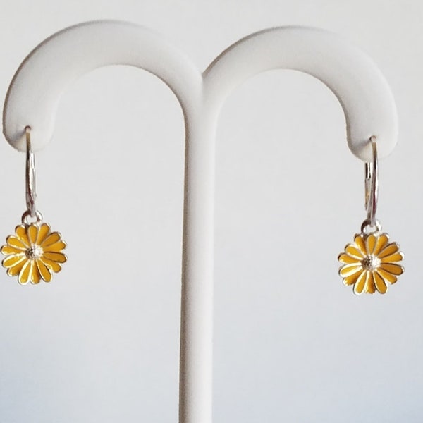 Gorgeous Enameled Yellow Gerber Daisy Drop Earrings with Sterling Lever Backs from the Garden Collection!