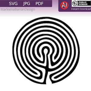 May include: A black and white circular labyrinth design with a central spiral.