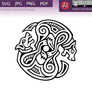 Odins Wölfe, Geri und Freki, Kreisdesign von zwei Wölfen im historischen Stil, geeignet für Kunst und Handwerk oder als Tattoo-Design