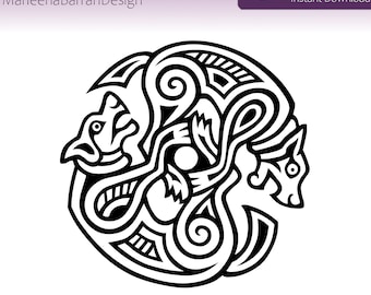 Odin&#39;s Wolves, Geri and Freki, Historical style circular design of two wolves, suitable for art and craft or as a tattoo design
