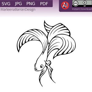 Pode incluir: Um desenho de linha preto e branco de um peixe betta com barbatanas fluidas. O peixe está voltado para a esquerda e tem uma cauda grande e fluida.