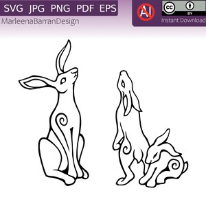 Moon gazing hare family, instant download clipart, tattoo design, digital stamp