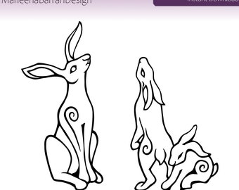 Maan starende haasfamilie, instant download clipart, tattoo-ontwerp, digitale stempel
