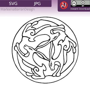 May include: Black and white line art illustration of three stylized hares in a circle. The hares are intertwined and their tails form a continuous loop.