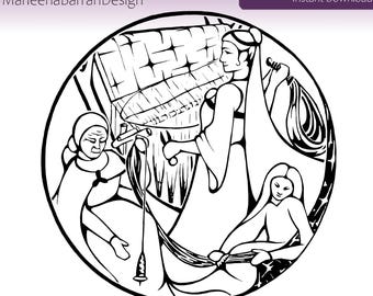 Three Fates, Vector graphic SVG, PNG and JPG image of the Three Viking Norns Urd, Verdandi & Skuld weaving the web of fate.