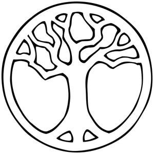 May include: Black and white illustration of a tree within a circle. The tree design features a trunk, branches, and a rounded base, all outlined in black. The background is white, creating a high-contrast image.