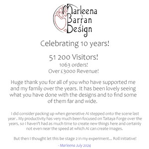 Op de afbeelding: Witte achtergrond met tekst en logo. Het logo luidt "Marleena Barran Design". De tekst viert 10 jaar, met 51.200 bezoekers, 1.063 bestellingen en meer dan &pound;3000 omzet. De tekst bevat ook een bedankbericht en is gedateerd juli 2024.