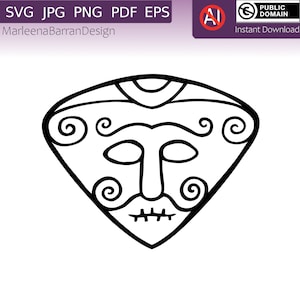 May include: Black and white line art illustration of a stylized face within a diamond shape. The face has a mustache, beard, and curly details. The image includes the text "SVG JPG PNG PDF EPS" and "MarleenaBarranDesign".