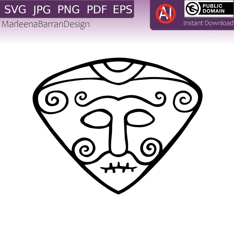 May include: Black and white line art illustration of a stylized face within a diamond shape. The face has a mustache, beard, and curly details. The image includes the text "SVG JPG PNG PDF EPS" and "MarleenaBarranDesign".