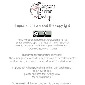 Op de afbeelding: Witte achtergrond met tekst en logo. Het logo is een rood-zwart ontwerp met de woorden "Marleena Barran Design". De tekst bevat copyrightinformatie, een Creative Commons-licentie en een bedankbericht.