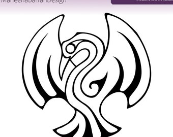 Phoenix black and white ink drawing, Royalty free SVG vector file for use in crafts, Creative Commons license.