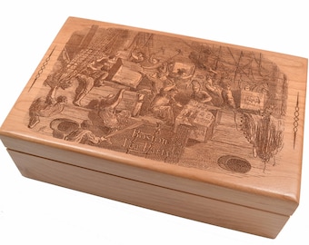 Gegraveerde Boston Tea Party-theedoos, Amerikaanse witte els, geschiedeniscadeau