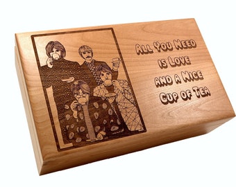 Gegraveerde houten theedoos | The Beatles-kunstafdruk, capaciteit 115 theezakjes