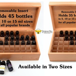 May include: Two wooden boxes with removable inserts for storing essential oil bottles. The larger box holds 45 bottles and the smaller box holds 35 bottles. Both boxes are made of light wood and have a clear finish. The boxes are labeled "Removable Insert" and "Holds 45 bottles" or "Holds 35 bottles". The boxes are available in two sizes.