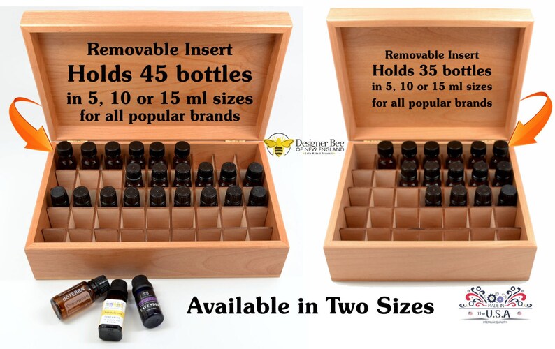 May include: Two wooden boxes with removable inserts for storing essential oil bottles. The larger box holds 45 bottles and the smaller box holds 35 bottles. Both boxes are made of light wood and have a clear finish. The boxes are labeled "Removable Insert" and "Holds 45 bottles" or "Holds 35 bottles". The boxes are available in two sizes.