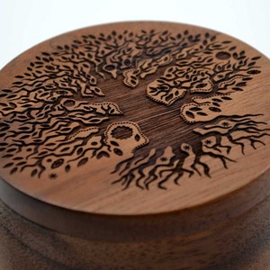 Tree of Life Salt Cellar w/Swivel Cover - Engraved Acacia Wood - For Salt, Herbs or Trinkets!