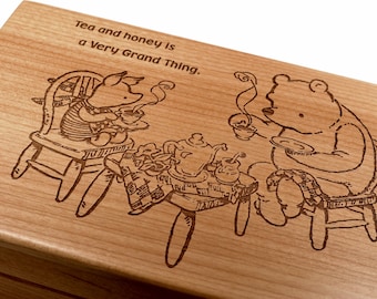 Gegraveerde Winnie de Pooh-theedoos, vintage houten theeopberger
