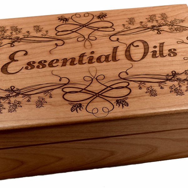Essential Oil Storage Box - New Honeybees and Lavender Design! Beautiful High Detail Engraving - USA Made in Premium Alder - 2 Sizes