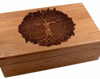 Wood Tea Box-Keepsake Box-Essentials Oils Box-Tree of Life Design-Heirloom Quality-Vintage Engraving. Personalize It. Made in the USA