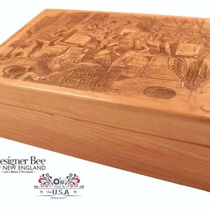 Gegraveerde houten theedoos, Boston Tea Party-ontwerp, Amerikaans geschiedeniscadeau afbeelding 2