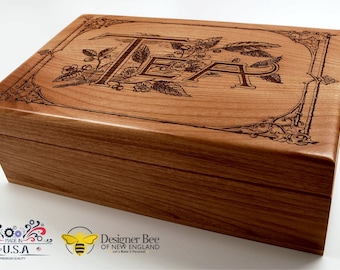 Wood Tea Box - Our Classic Vintage Design-Heirloom Quality-Store and Serve Your Favorite Teas in Style! - Great Kitchen or Housewarming Gift