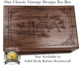 Vintage gegraveerde houten theedoos – donker walnoot, erfstukkwaliteit